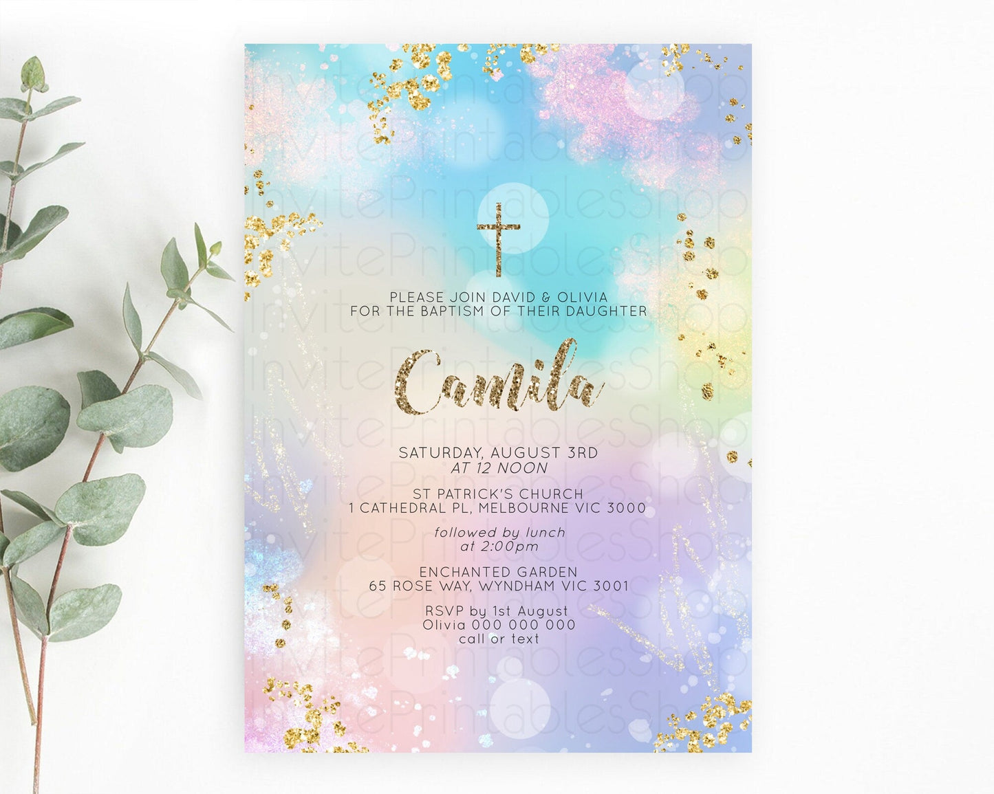 Pastel Baptism Invitation Pastel Colors Watercolor Baptism 1st Birthday Party Gold Ombre Pastel Rainbow Christening Holy Communion D10677