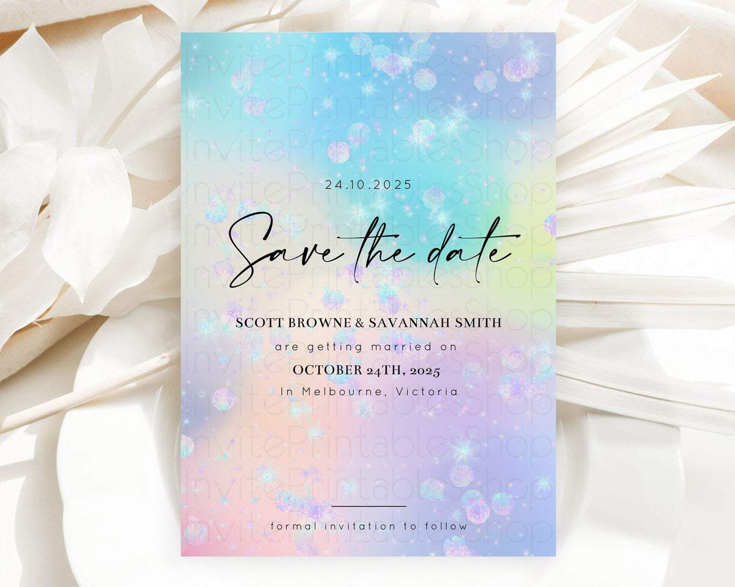 Colorful Save The Date Template Pastel Rainbow Watercolor Iridescent Ombre Party For 1st Birthday Baptism Baby Shower Bridal Shower D10665