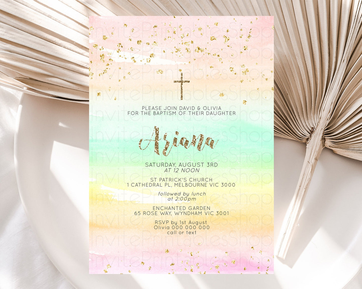 Pastel Baptism Invitation Pastel Colors Watercolor Baptism 1st Birthday Party Gold Ombre Pastel Rainbow Christening Holy Communion D10592