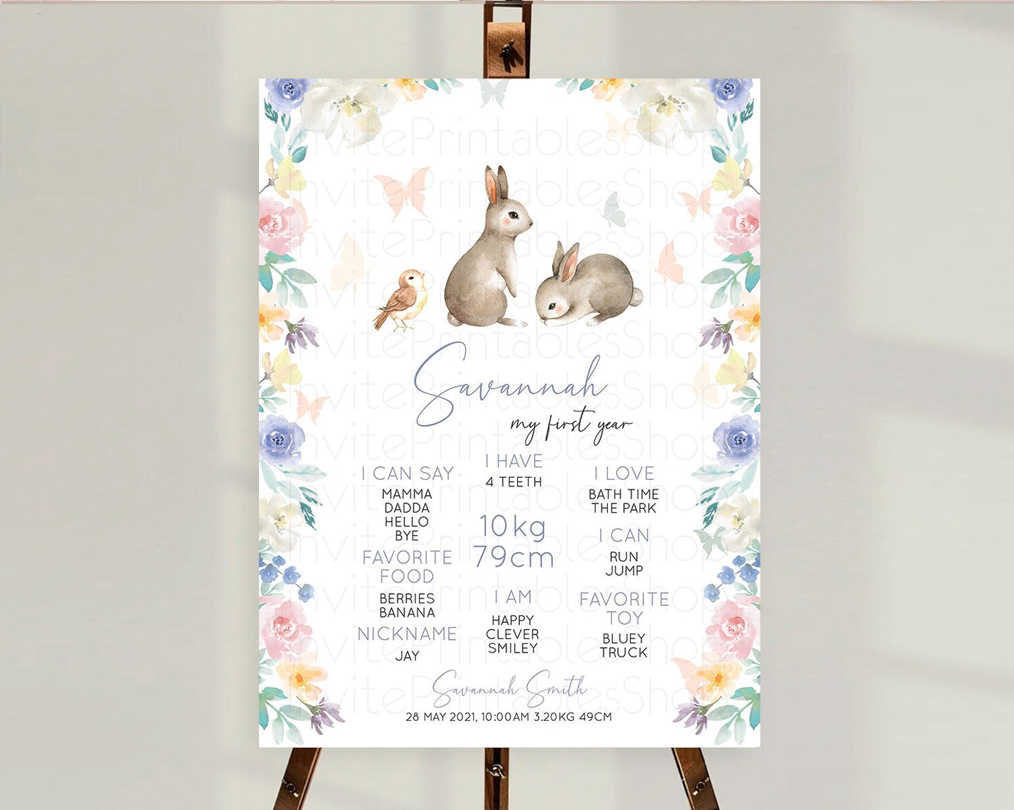 Bunny First Birthday Milestone Board Floral Bunny Milestone Poster Pastel Flowers Woodland Bunny Milestone 1st Birthday Welcome Sign D10928