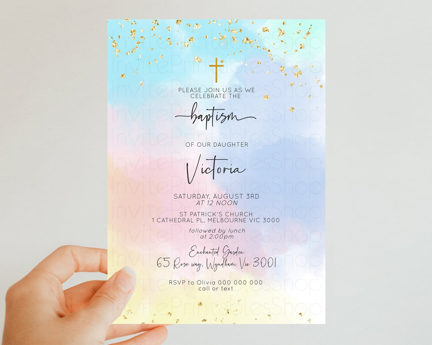 Rainbow Baptism invitation Pastel Rainbow Christening Invite Ombre Watercolor Invite Cloud Gold Sprinkles Splash Cross Religious Invite 446