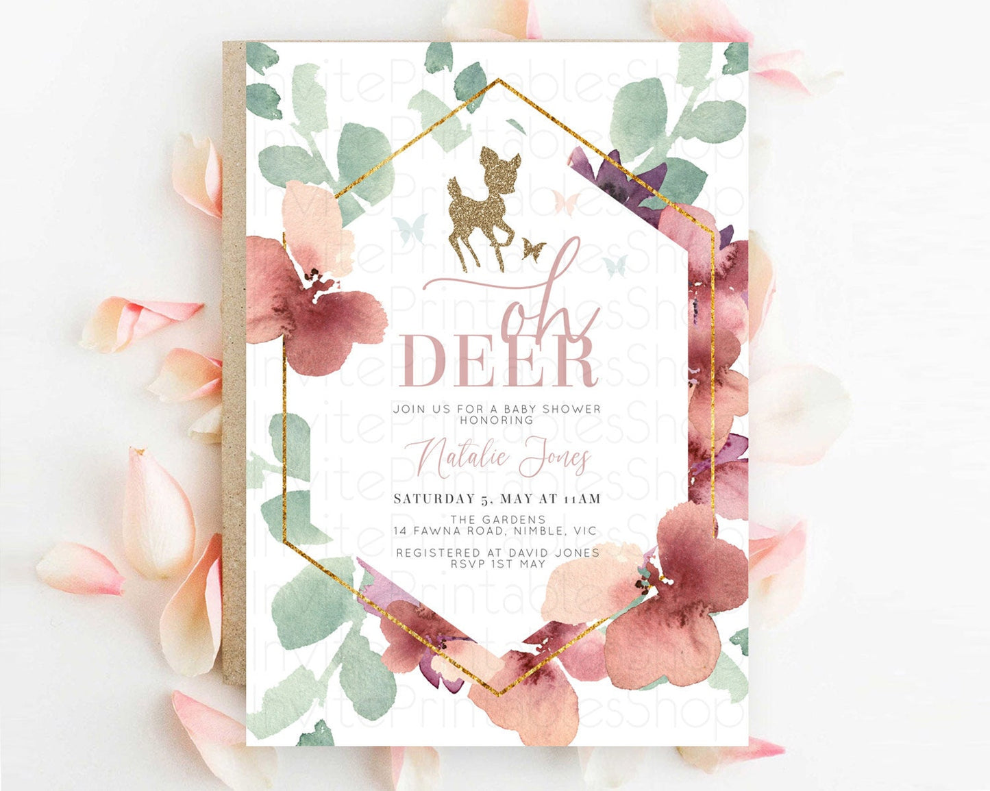 Fawn Baby Shower Invitation Deer Baby Shower Invites Enchanted Forest Theme Butterfly Pastel Flowers Whimsical Baby Shower D10459