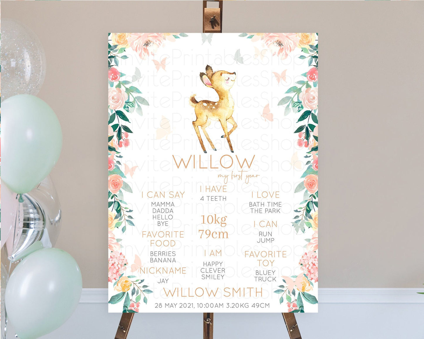 Fawn First Birthday Milestone Board Deer First Birthday Milestone Poster Enchanted Forest Butterfly Pastel Flowers 1st Birthday Sign D10753