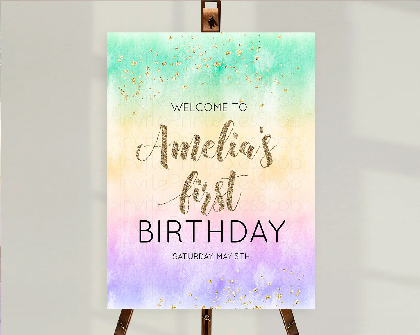 Pastel Welcome Sign Pastel Rainbow Welcome Sign Colorful Rainbow Confetti Watercolor Glitter Pastel First Birthday Welcome Sign D10478