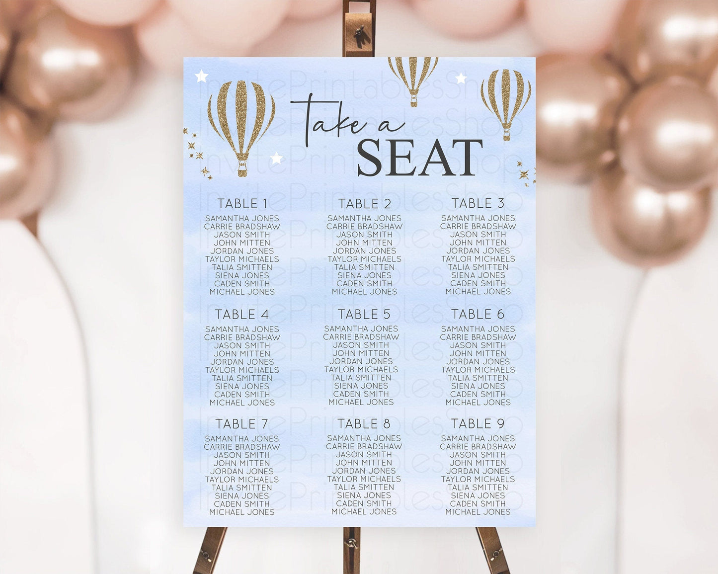 Hot Air Balloon Seating Chart Hot Air Balloon Seating Chart Adventure Awaits Up & Away Glitter Blue Watercolor Seating Take a Seat D10333