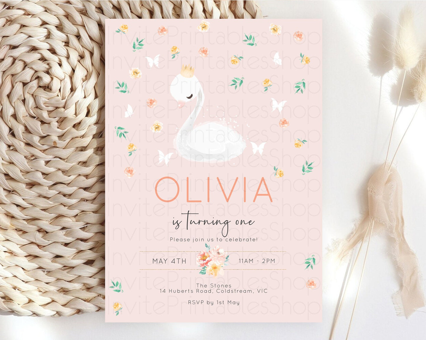 Swan Birthday Invitation Swan Princess Ballet Invitation Enchanted Forest Swan Lake Party Secret Garden Watercolour Pastel Floral D10388