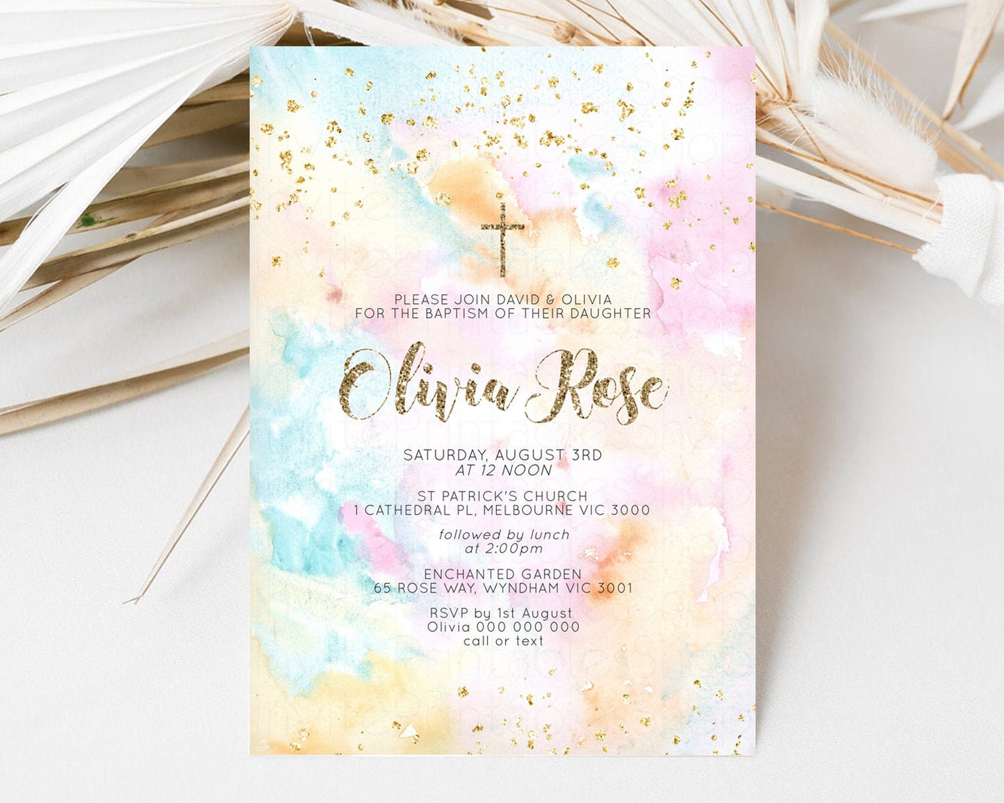 Rainbow Baptism invitation Pastel Rainbow Christening Invite Ombre Watercolor Invite Gold Glitter Sprinkle Splash Gold Cross Invite G566