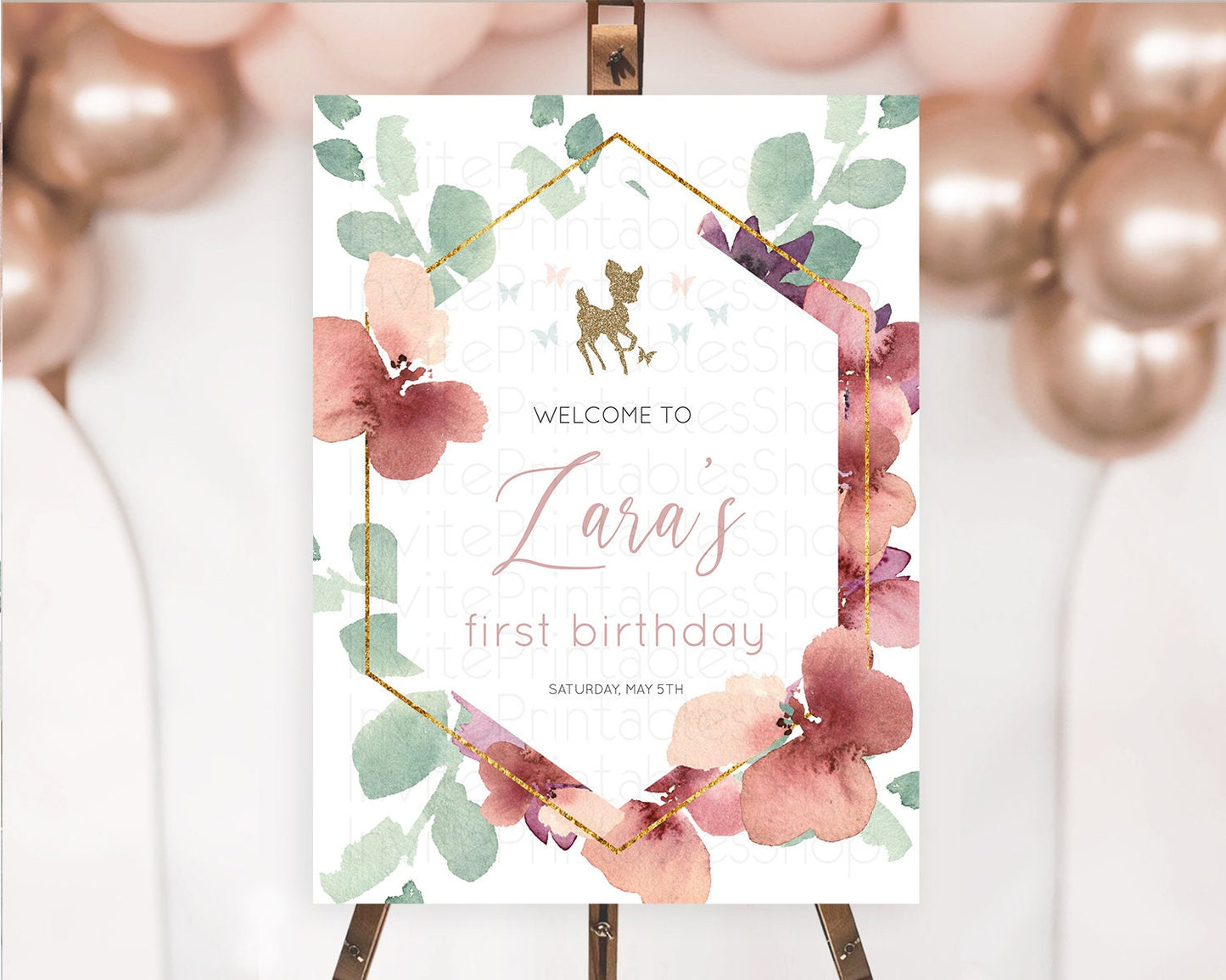 Fawn Welcome Sign Deer Welcome Board Floral Deer Welcome Poster Enchanted Forest Butterfly Pastel Floral First Birthday Welcome Sign D10459