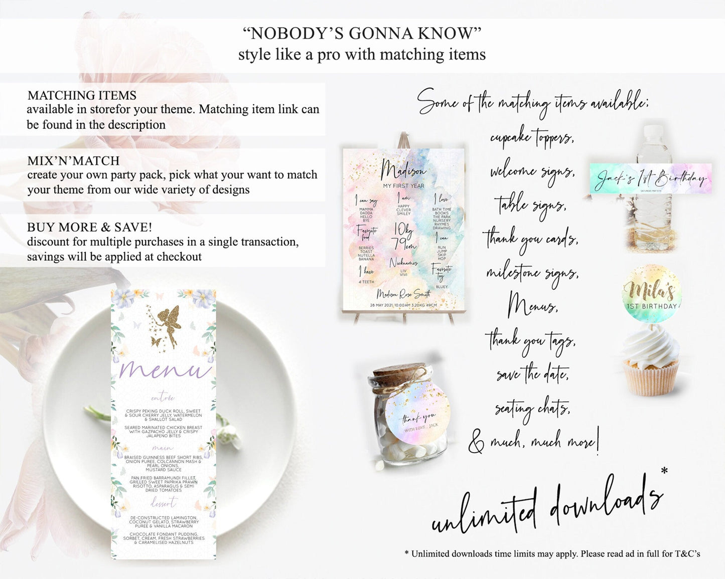 Fairy Menu Fairy Menu Template Enchanted Garden Pastel Floral Butterfly Table Decor Fairy Secret Garden Dinner Dessert Food Menu D10474