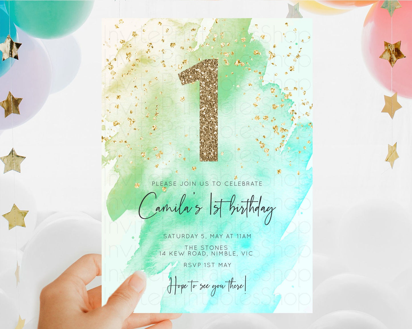 Green Birthday Invitation green Watercolor Invitation Pastel green Watercolor Invitation green Splash Gold Invitation First Birthday D10170