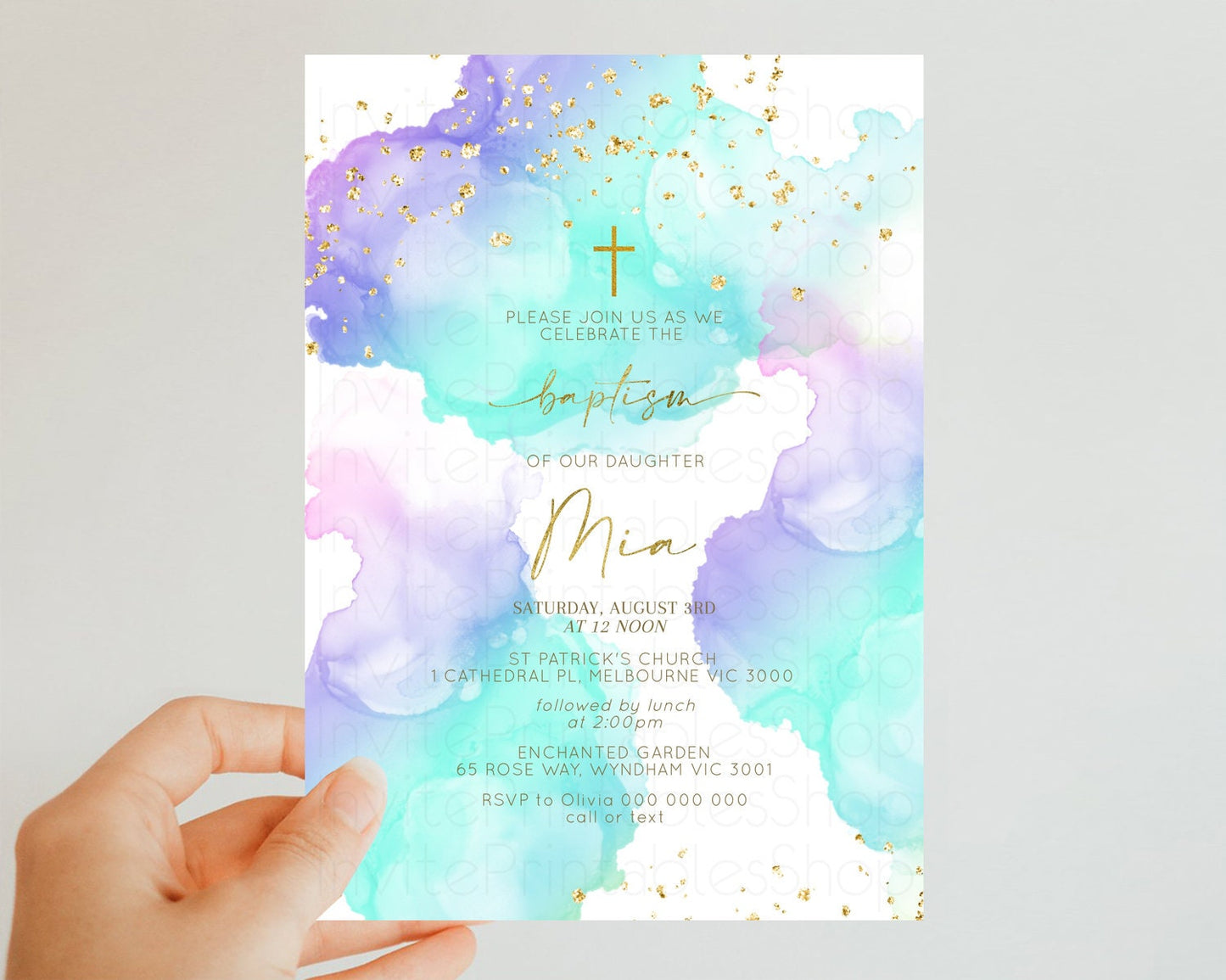 Blue Purple Baptism invitation Pastel Rainbow Christening Invite Ombre Clouds Watercolor Invite Glitter Gold Cross Religious Invite 191