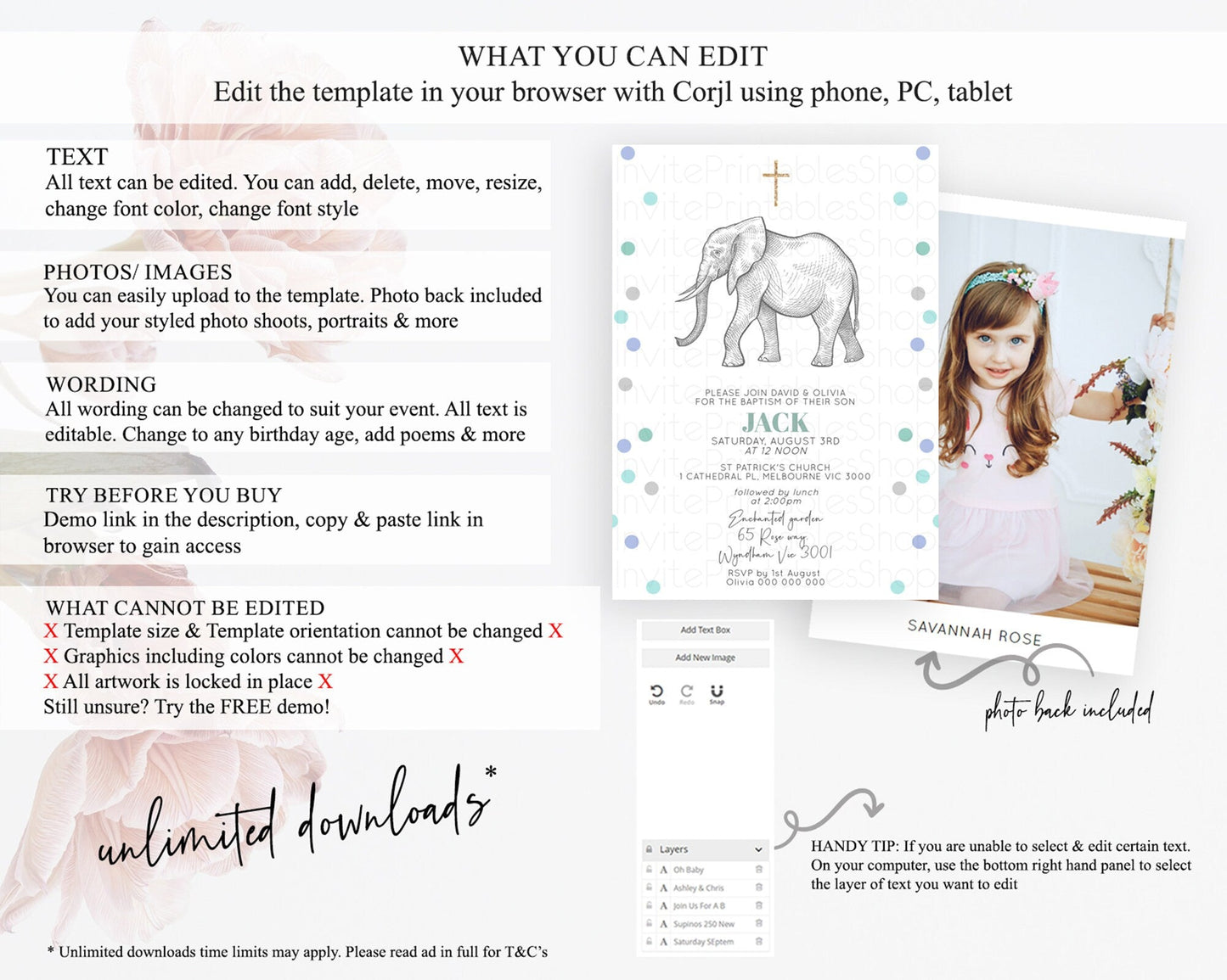 Elephant Baptism Invitation Elephant Baptism 1st Birthday Invitation Safari Christening Invitation TWO Wild ONE Jungle Adventure Zoo D10859