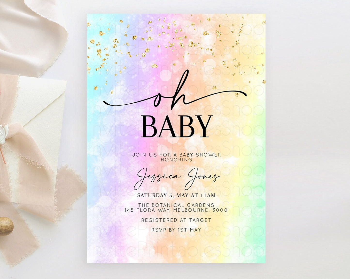 Pastel Watercolor Baby Shower Invitation with Iridescent & Gold Glitter Sprinkles, Ombre Effect - Teal, Purple, Yellow, and Green  D10647