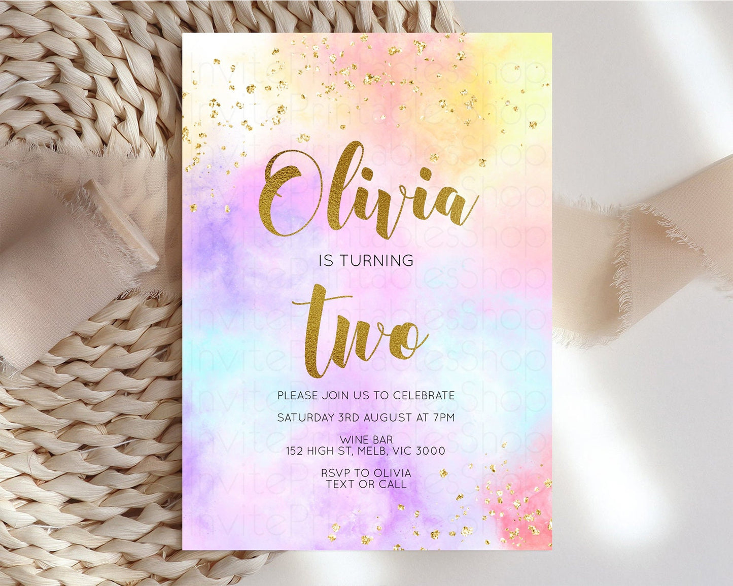 Rainbow Birthday Invitation Ombre Pastel Invitation Colorful Watercolor Splash Invite Gold Glitter Sprinkles Printable Digital Invite 499