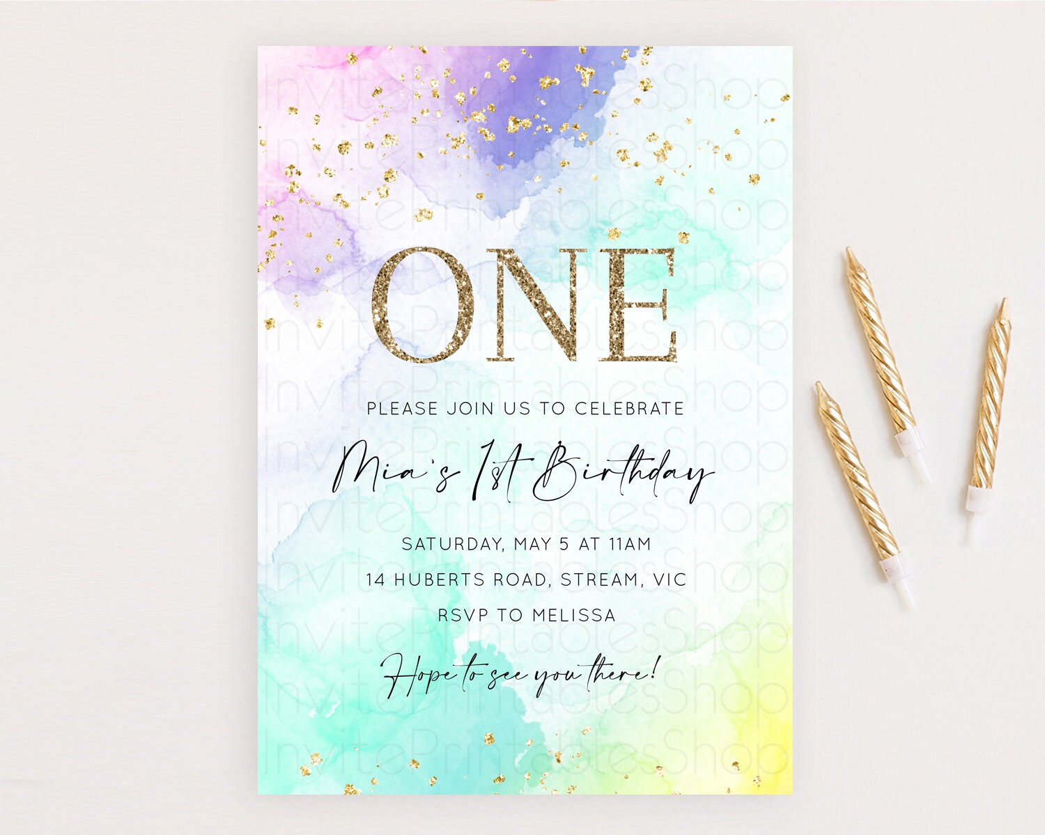 Editable Rainbow Birthday Invitation Colorful Pastel Watercolor Invitation G