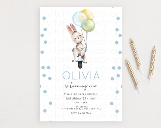 Editable Bunny Birthday Invitation Pastel Bunny Invitation Bunny Balloon Inv