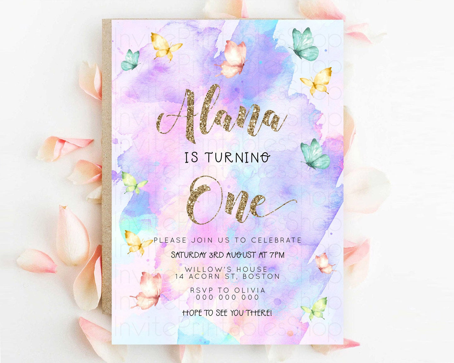 Pastel Butterfly Birthday Invitation Butterfly Birthday Invitation Colorful Splash Glitter Butterfly Garden 1st 2nd Birthday D23252