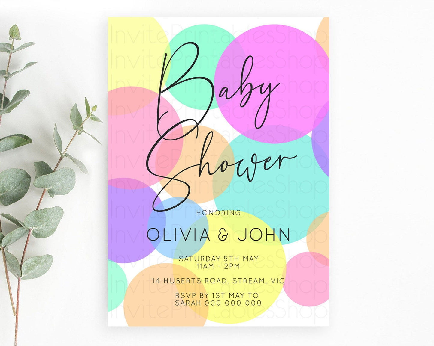 Pastel Rainbow Baby Shower Invitation: Confetti, Sprinkles, Bubbles, POP Theme, Colorful Rainbow Green, Purple, Yellow, and Orange D10888