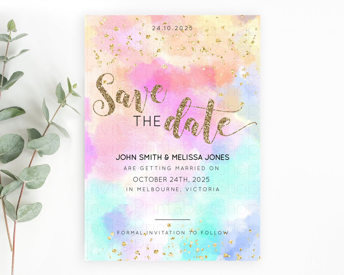 Pastel Save The Date Template Pastel Ombre Rainbow Watercolor Colorful Party For Birthday Baptism Baby Shower Wedding Bridal Shower D10669