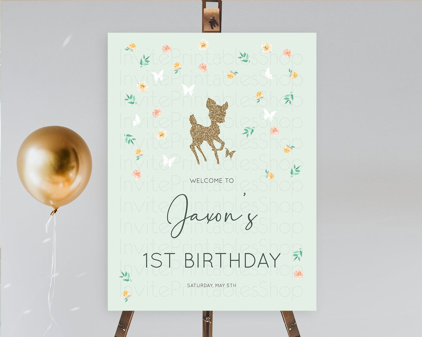 Fawn Welcome Sign Deer Welcome Board Floral Deer Welcome Poster Enchanted Forest Butterfly Pastel Floral First Birthday Welcome Sign D10385