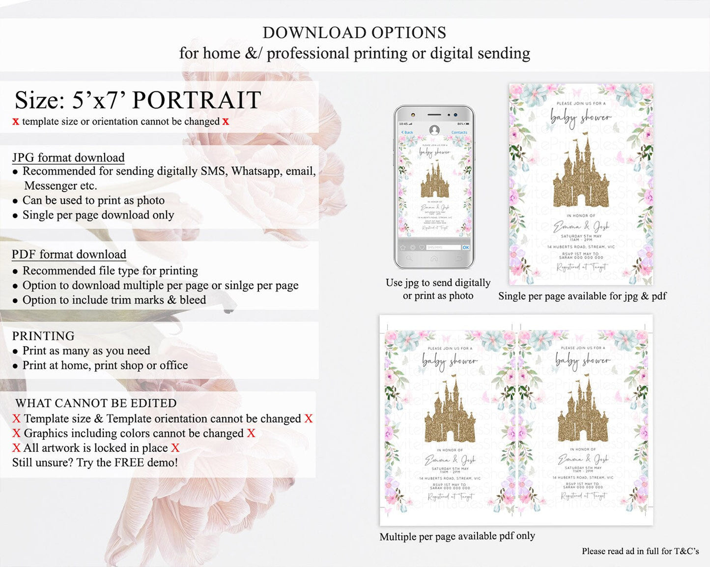 Pastel Princess Baby Shower Invitation Floral Castle Invitation Royal Baby Invite Enchanted Castle Pastel Flower Garden Baby Shower D10470