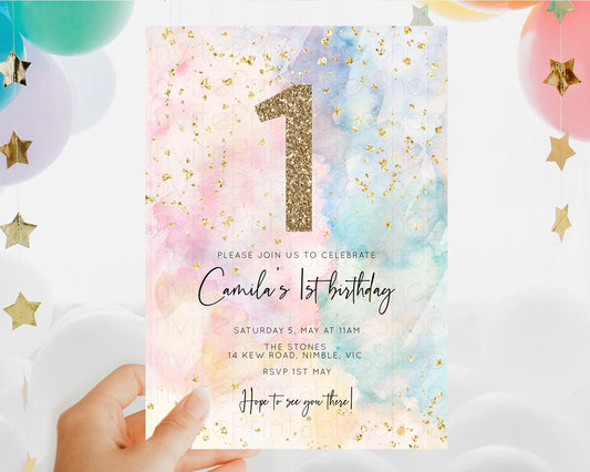 Editable Rainbow Birthday Invitation Colorful Pastel Watercolor Invitation G