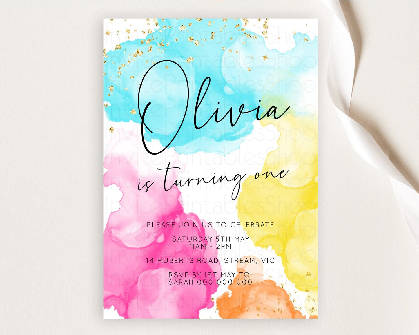 Rainbow Birthday Invitation Colorful Pastel Watercolor Invitation Gold Glitter Sprinkles Ombre Pastel 1st 2nd 3rd Birthday D10898