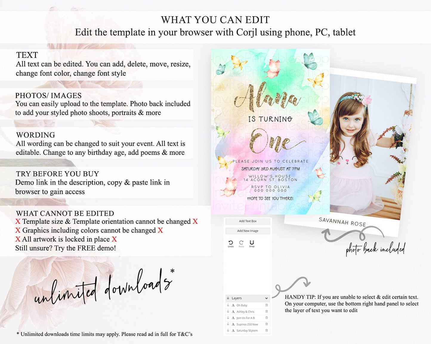 Pastel Butterfly Birthday Invitation Butterfly Birthday Invitation Colorful Splash Glitter Butterfly Garden 1st 2nd Birthday D23259