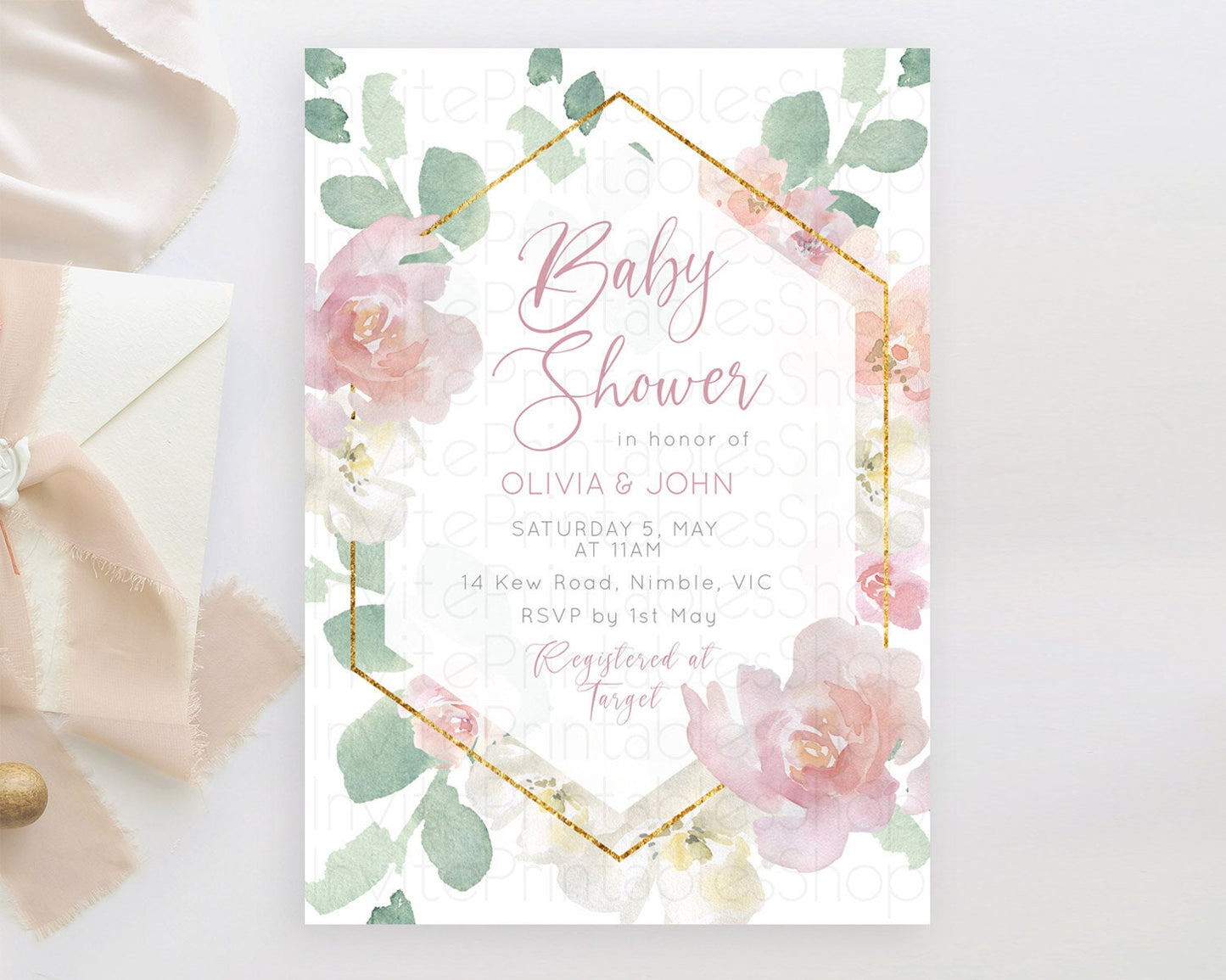 Enchanted Garden Baby Shower Invitation, Wildflower, Blooms with Pastel Pink Flowers, Elegant Gold Accents - Floral Botanical Theme D11032