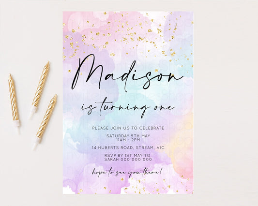 Rainbow Birthday Invitation Pastel Birthday Invitation Ombre Rainbow Invite Colorful Watercolor Invite Glitter Sprinkle Invitation 599v1