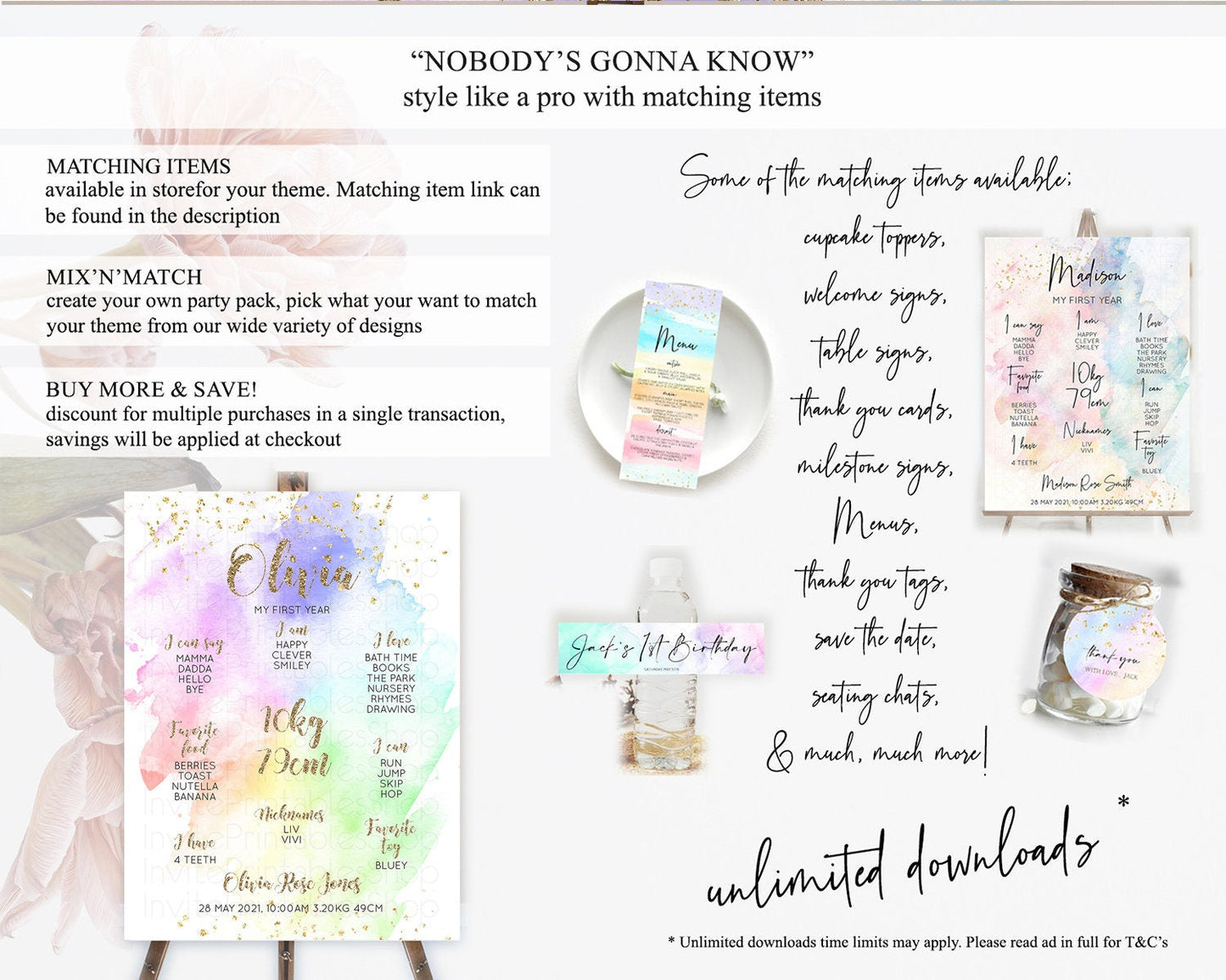 Pastel First Birthday Milestone Board Pastel Rainbow Milestone Poster Colorful Confetti Watercolor Glitter 1st Birthday Welcome Sign D10319
