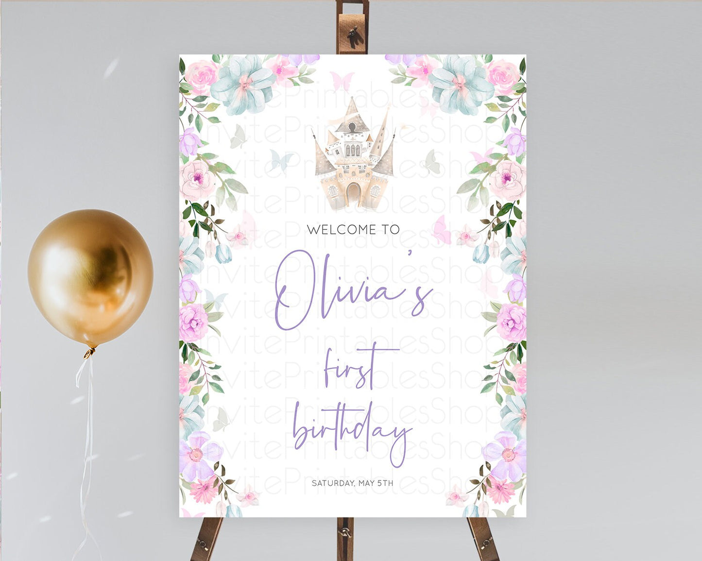 Princess Birthday Welcome Sign Castle Welcome Board Secret Garden Enchanted Castle Pastel Floral Garden First Birthday Welcome Sign D10471