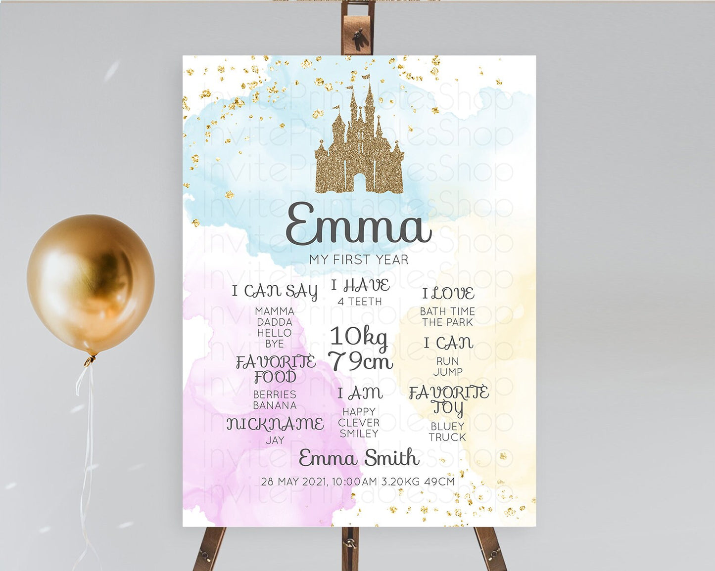 Princess First Birthday Milestone Poster Pastel Princess Milestone Board Pastel Rainbow Colorful Enchanted Castle 1st Birthday Sign D10154