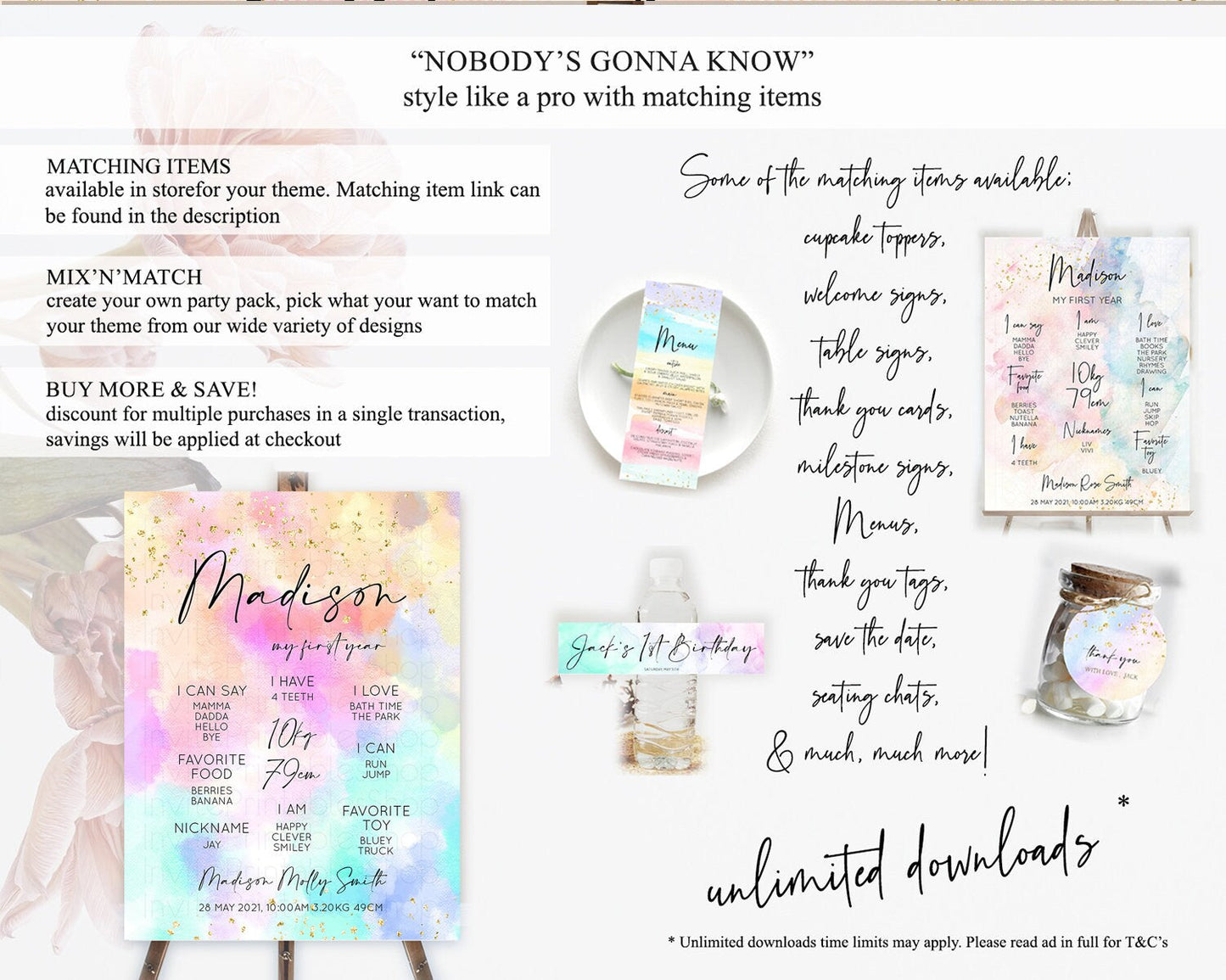 Pastel First Birthday Milestone Board Pastel Rainbow Milestone Poster Colorful Confetti Watercolor Glitter 1st Birthday Welcome Sign D10667