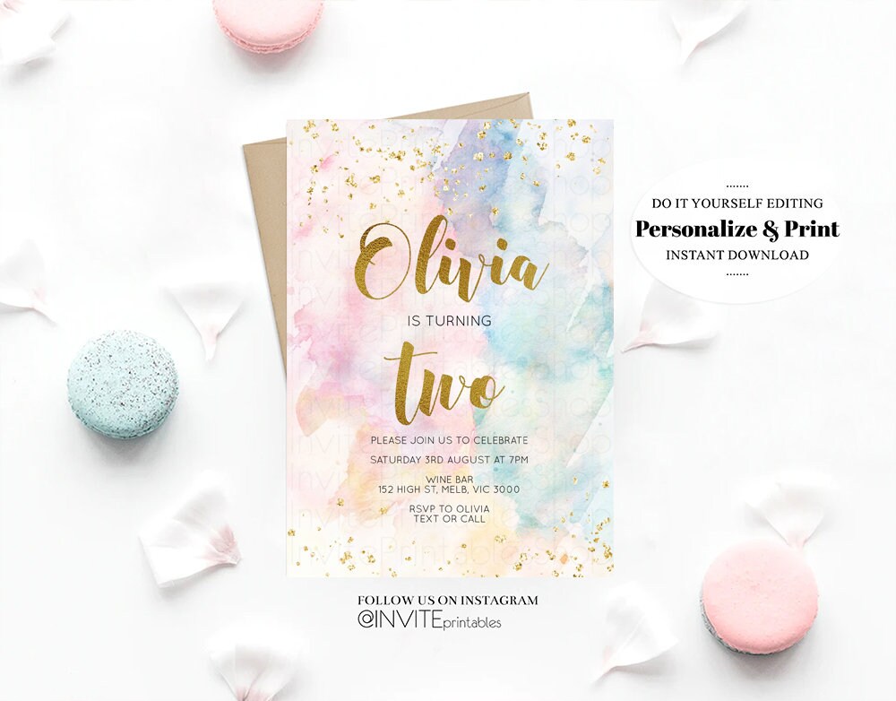 Rainbow Birthday Invitation Colorful Watercolor Gold Glitter Sprinkles Ombre Pastel Invitation 1st 2nd 3rd Printable Editable Invite 276
