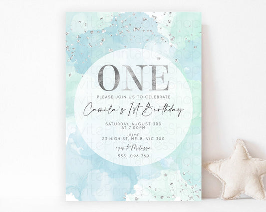 Rainbow Birthday Invitation Colorful Pastel Watercolor Silver Glitter Sprinkles Ombre Pastel Invitation 1st 2nd 3rd First Birthday D10630