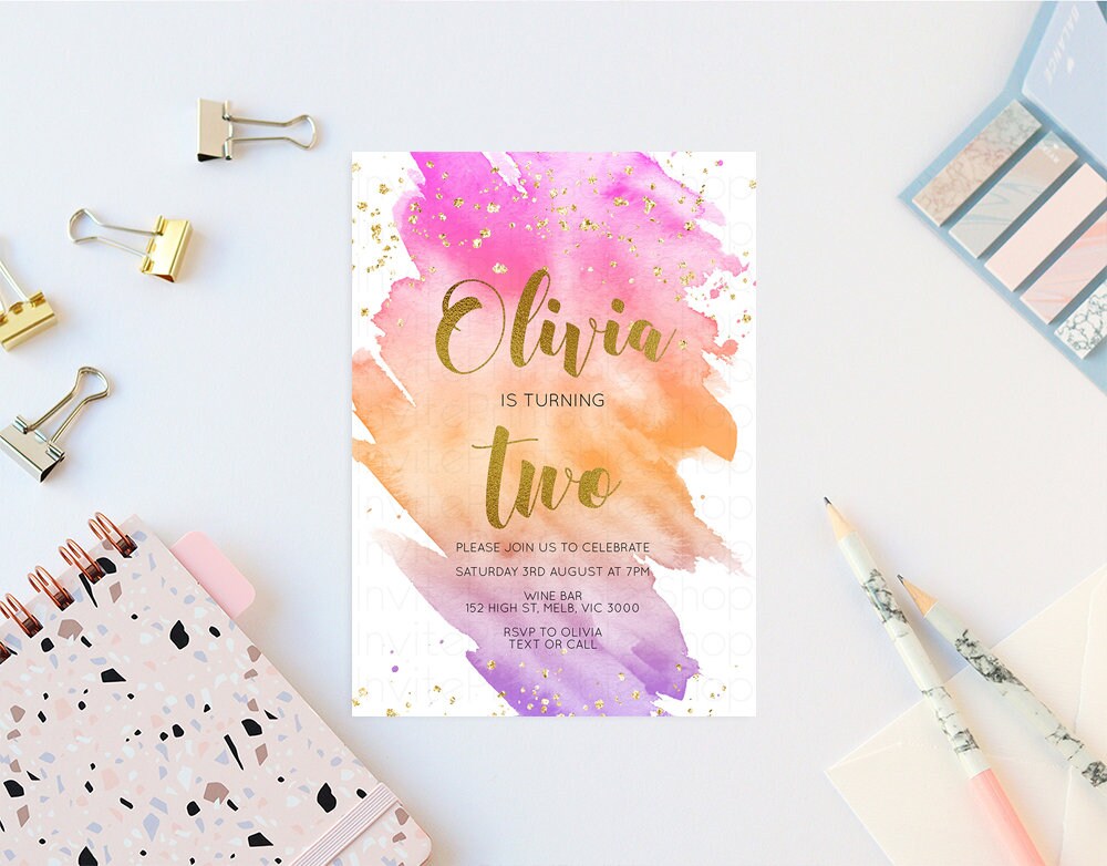 Pastel Birthday Invite Pink Pastel Birthday Invitation Orange Purple Watercolor Invite Ombre Pastel Invitation Glitter Sprinkles Invite 516