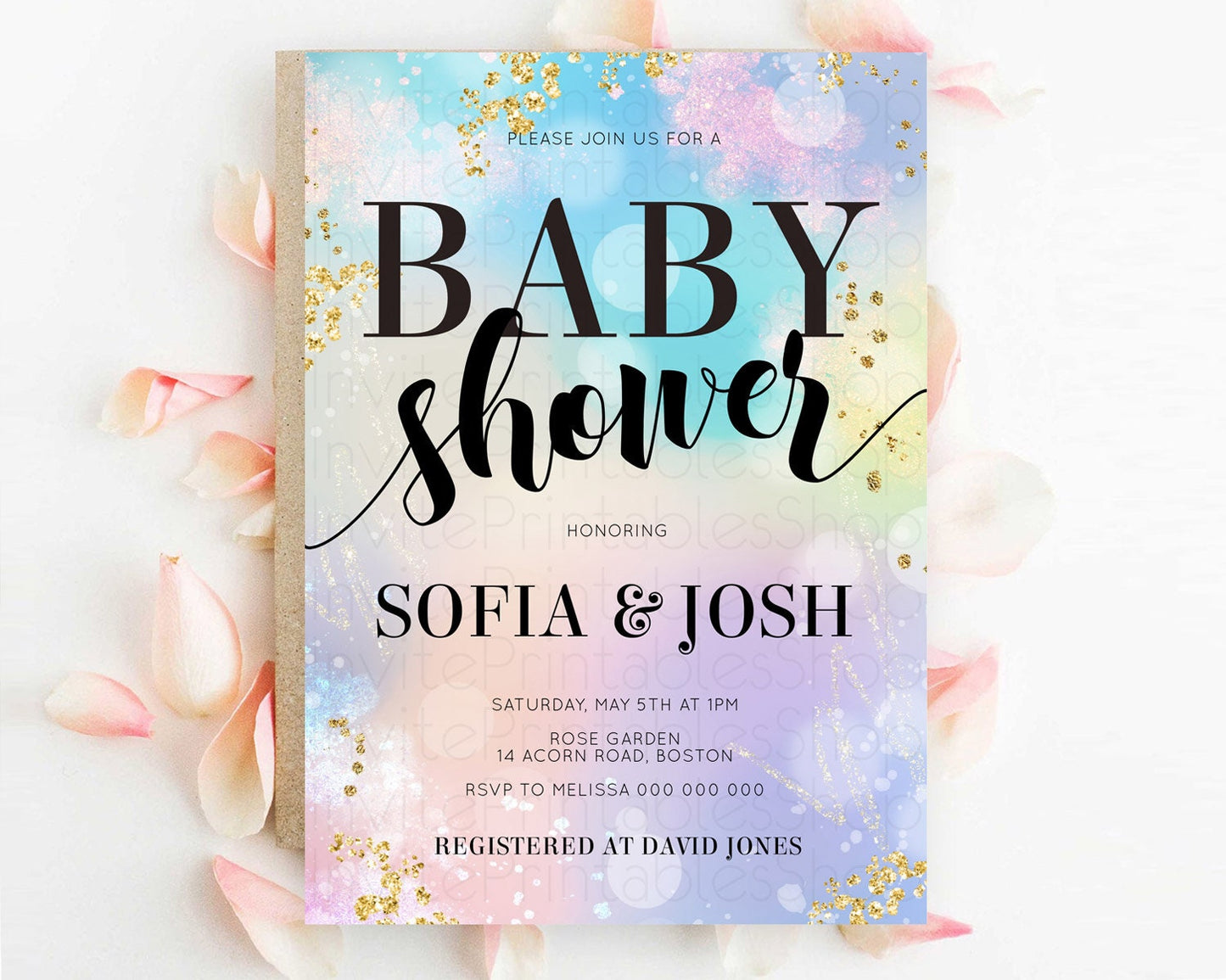 Pastel Baby Shower Invitation Rainbow Baby Shower Invitation Colorful Pastel Watercolor Invitation Gold Glitter Sprinkles Ombre D10677
