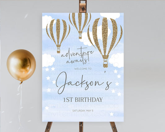 Hot Air Balloon First Birthday Welcome Board Hot Air Balloon Welcome Board Adventure Awaits Watercolor First Birthday Welcome Sign D10333