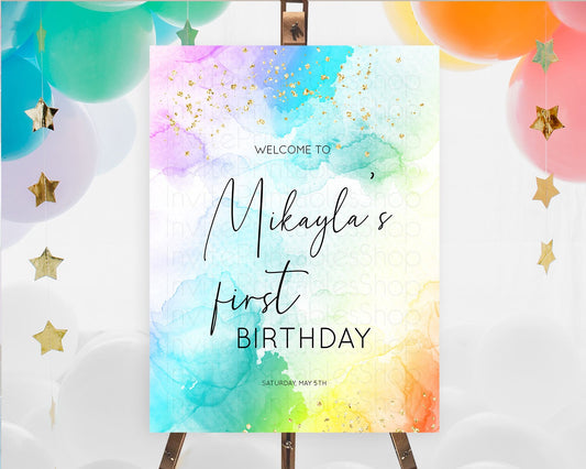 Pastel Welcome Sign Pastel Rainbow Welcome Sign Colorful Rainbow Confetti Watercolor Glitter Pastel First Birthday Welcome Sign D10771