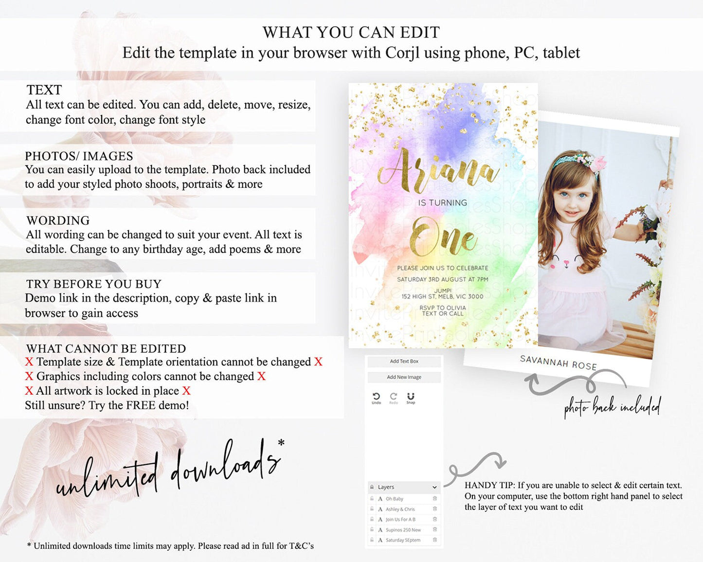 Rainbow Birthday Invitation Colorful Pastel Watercolor Invitation Gold Glitter Sprinkles Ombre Pastel 1st 2nd 3rd Birthday D10876