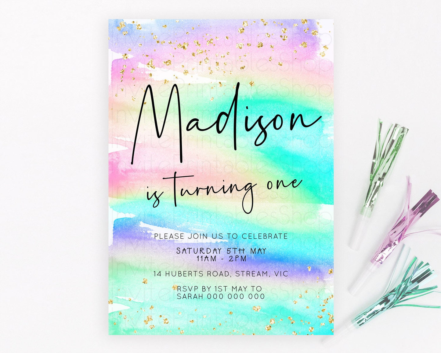 Pastel Birthday Invitation Ombre Watercolor Birthday Invitation Glitter Rainbow Color Splash 1st 2nd 3rd Birthday Invitation D23030