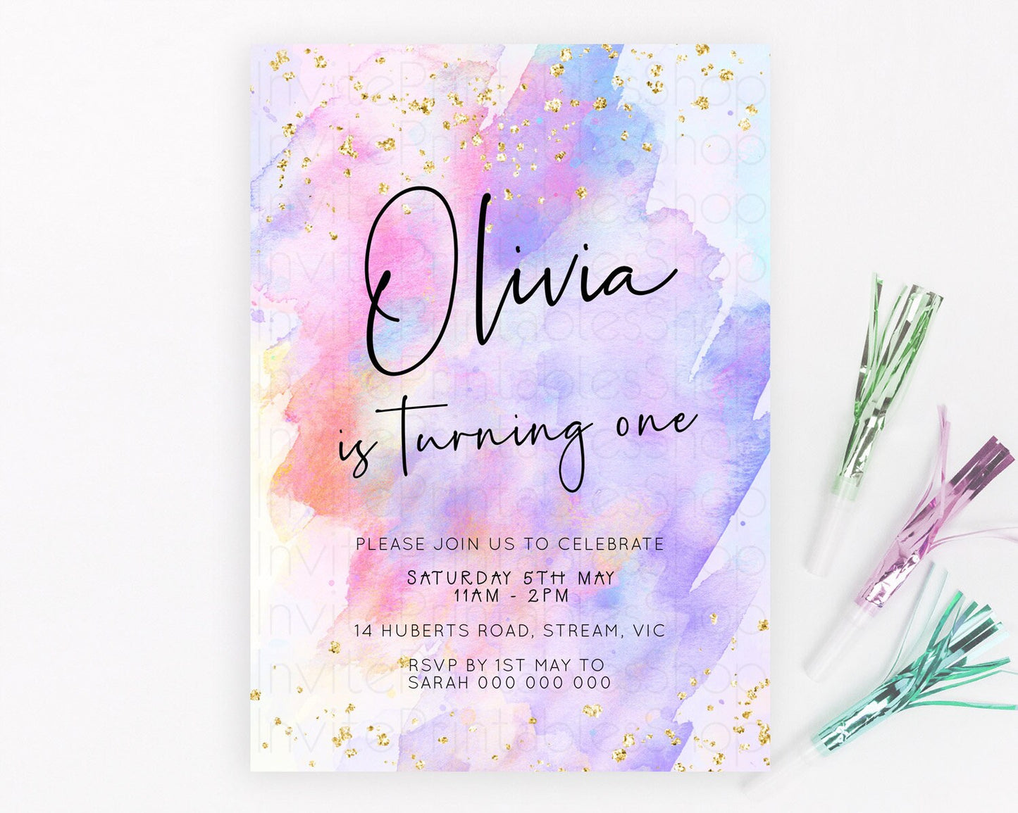 Pastel Birthday Invitation Ombre Watercolor Birthday Invitation Glitter Rainbow Color Splash 1st 2nd 3rd Birthday Invitation D23063