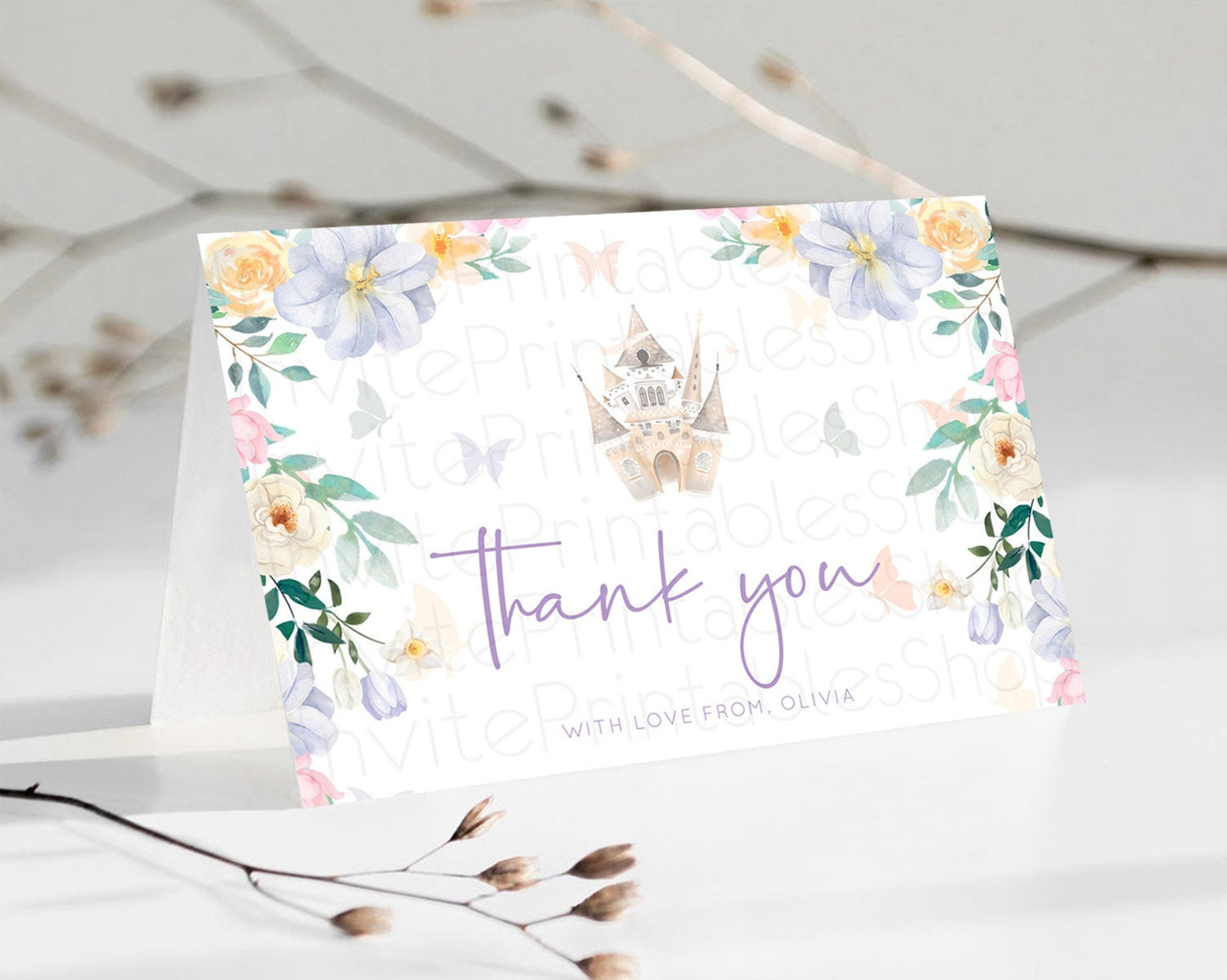 Princess Thank You Castle Thank You Card Secret Garden Birthday Thank You Card Enchanted Castle Pastel Floral Teacher Thank You Card D10473