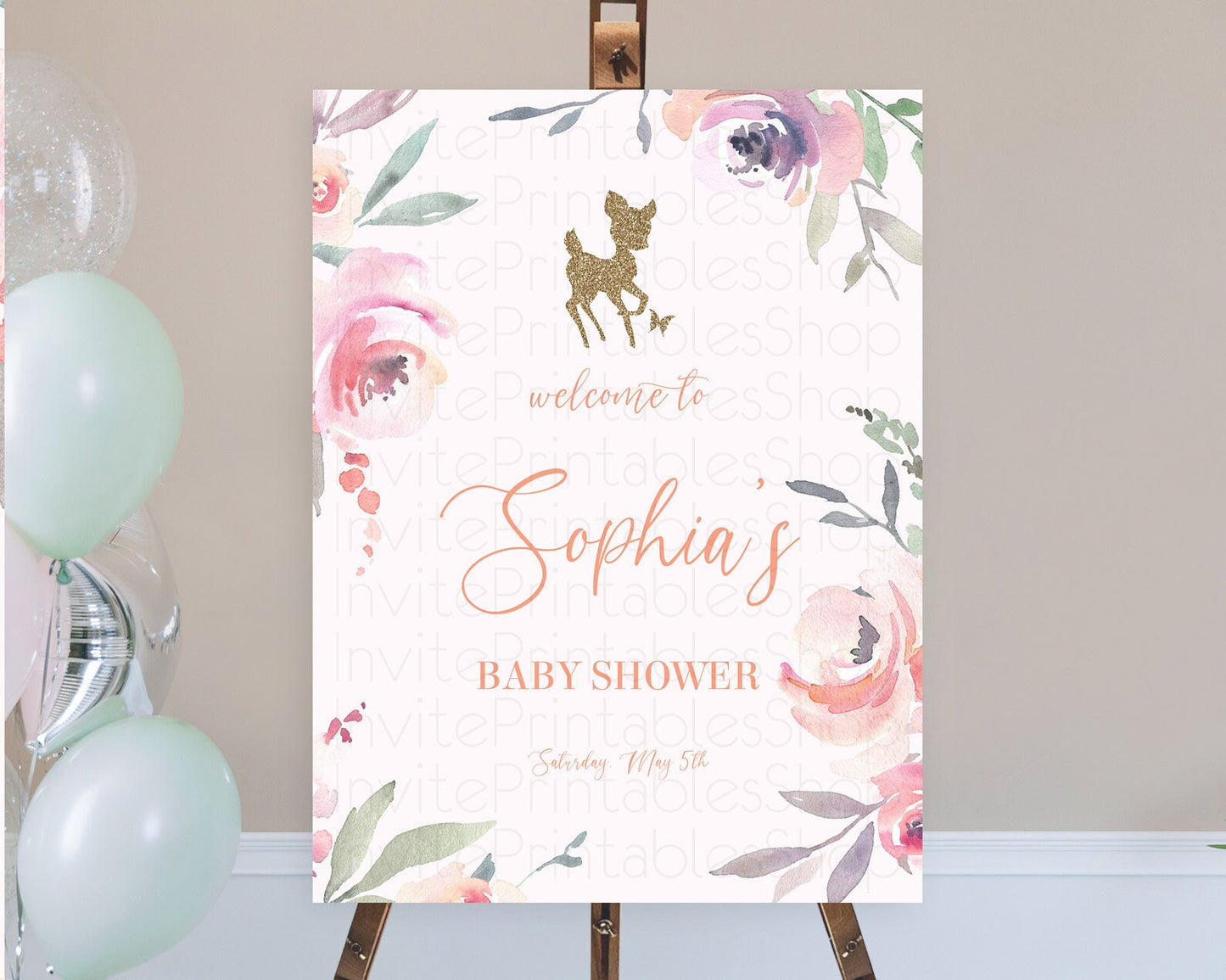 Fawn Baby Shower Welcome Sign Deer Welcome Board Floral Deer Welcome Poster Enchanted Forest Butterfly Pastel Floral Welcome Sign D10196