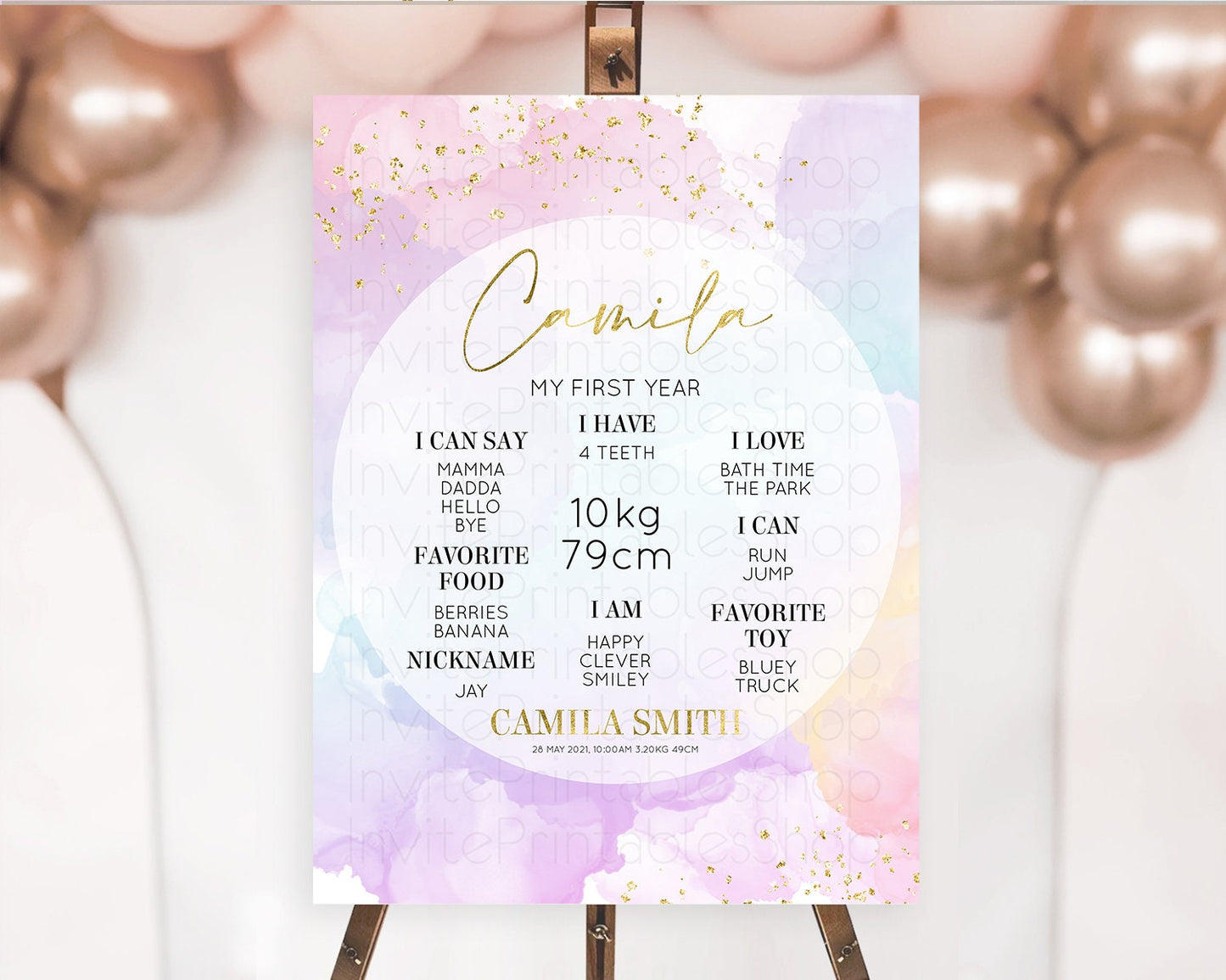 Pastel First Birthday Milestone Board Pastel Rainbow Milestone Poster Colorful Confetti Watercolor Glitter 1st Birthday Welcome Sign D10623