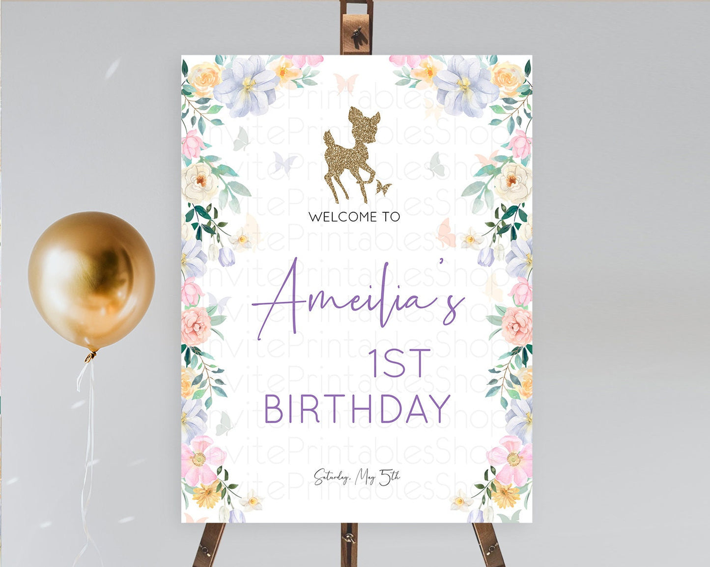 Fawn Welcome Sign Deer Welcome Board Floral Deer Welcome Poster Enchanted Forest Butterfly Pastel Floral First Birthday Welcome Sign D10477