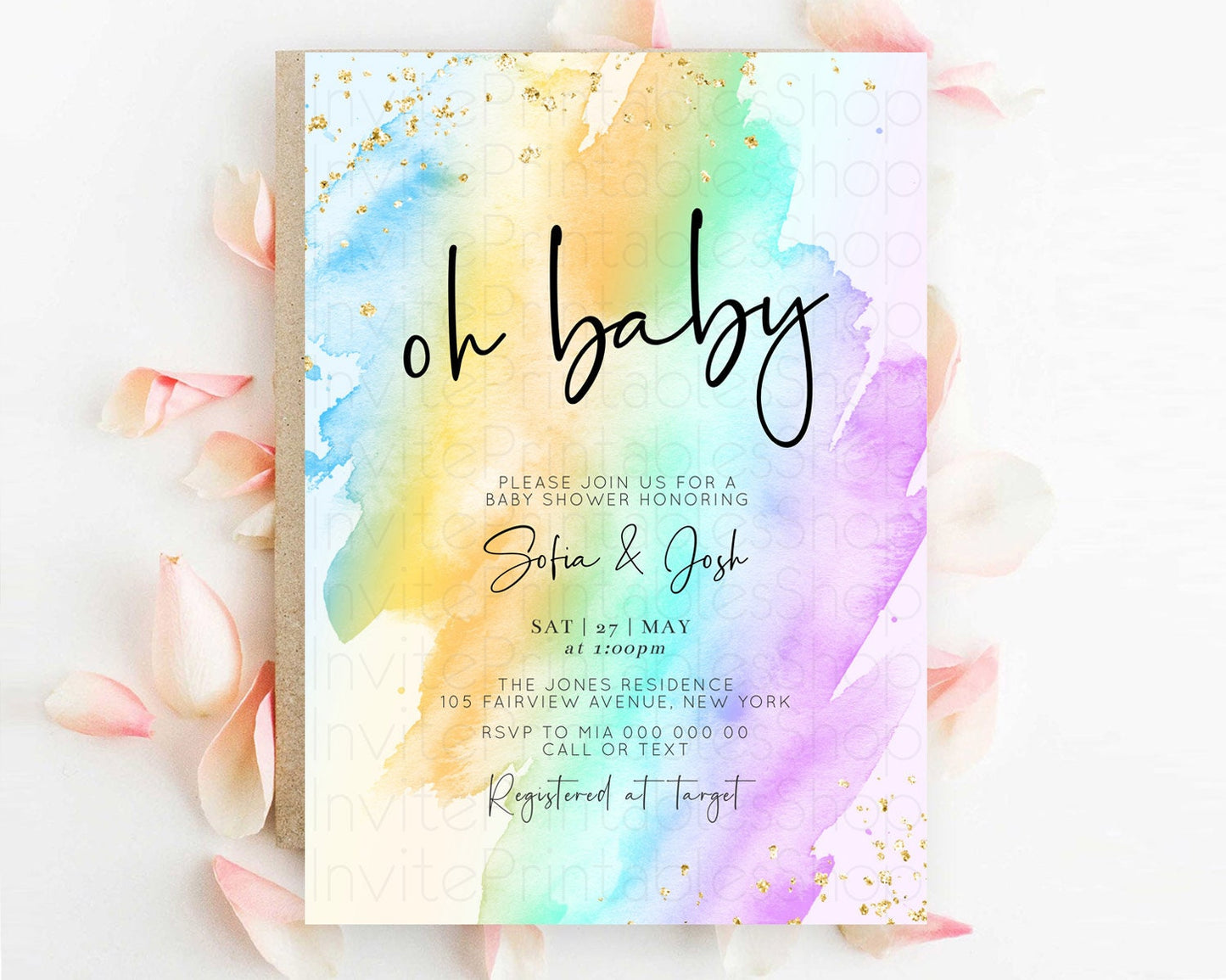 Pastel Baby Shower Invitation Rainbow Baby Shower Invitation Colorful Pastel Watercolor Invitation Gold Glitter Sprinkles Ombre D10427