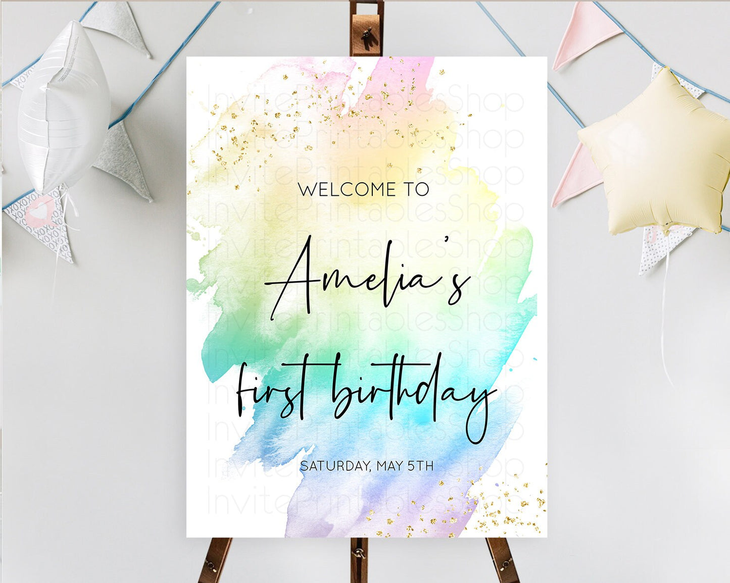 Pastel Welcome Sign Pastel Rainbow Welcome Sign Colorful Rainbow Confetti Watercolor Glitter Pastel First Birthday Welcome Sign D10279