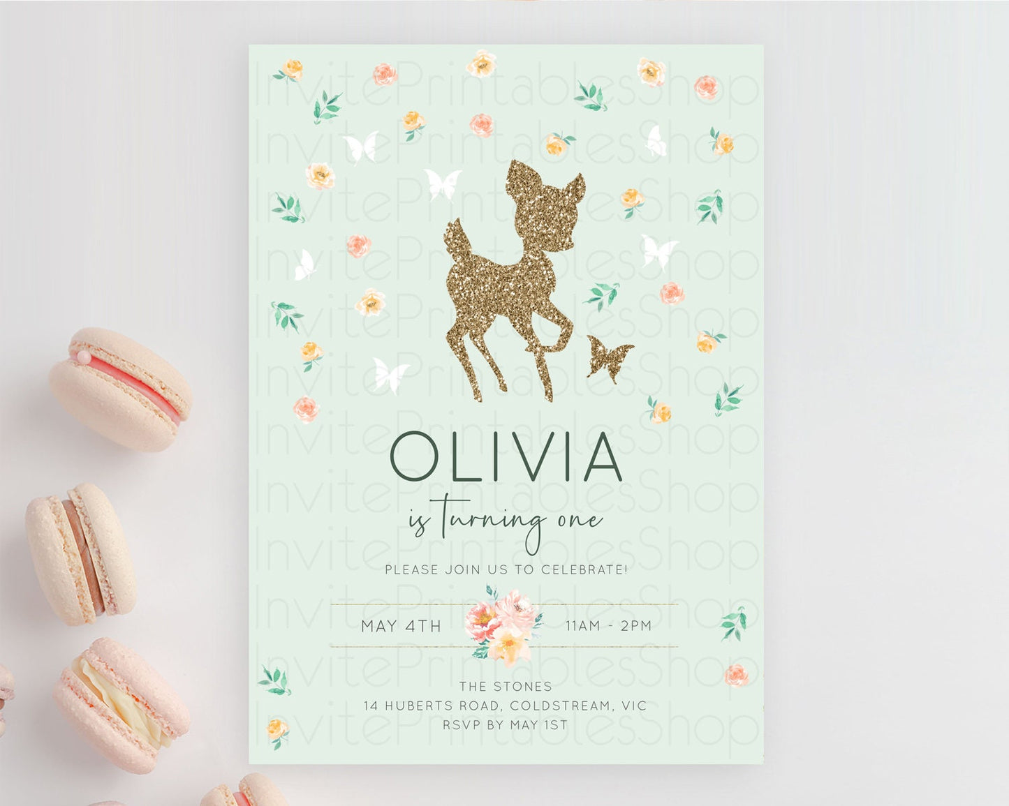 Fawn Birthday Invitation Deer Birthday Invitation Enchanted Forest Party Butterfly Pastel Flowers Whimsical 2nd 1st First Birthday D10385